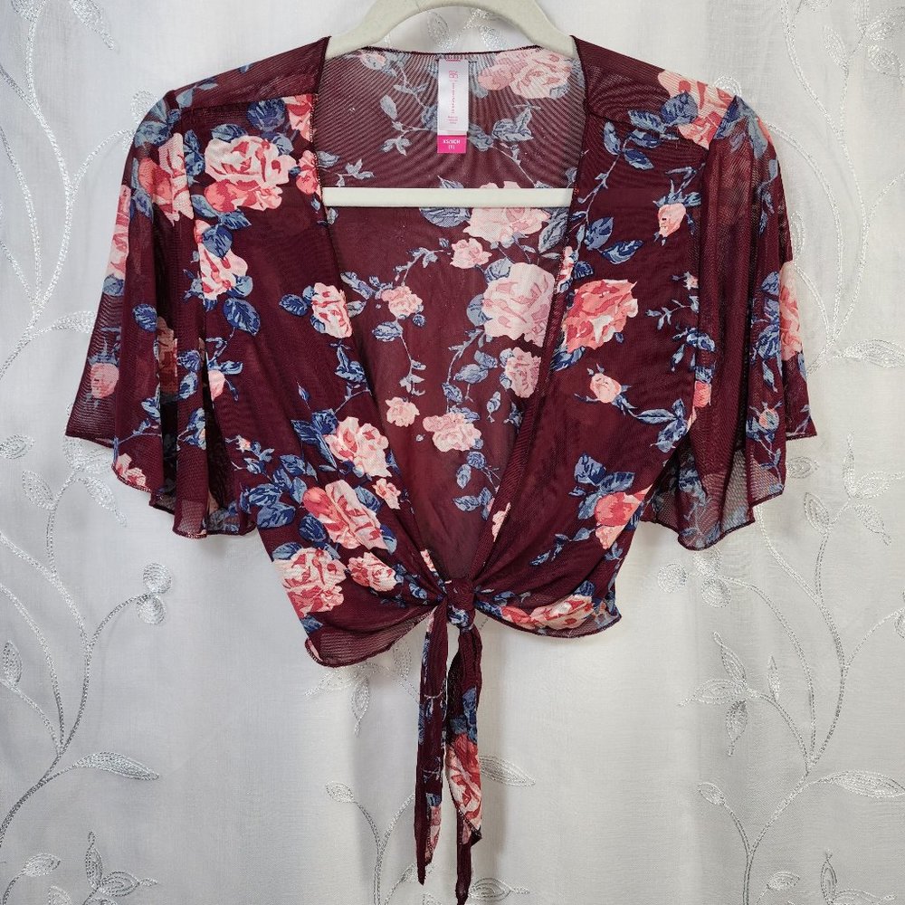 No Boundaries Maroon Floral, Mesh, Front Knot, Cropped Cardigan